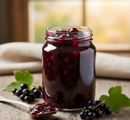 Homemade Blackcurrant Jam in a Jar with Fresh Berries on a Wooden Table