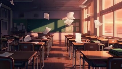 This evocative video showcases an empty classroom bathed in warm sunset light. Papers gracefully flutter in the air, capturing a moment of stillness and nostalgia in education.