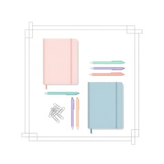 Pastel colored notebooks, pens, and paper clips arranged on a white background.