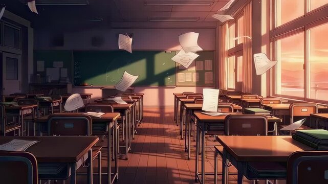 This evocative video showcases an empty classroom bathed in warm sunset light. Papers gracefully flutter in the air, capturing a moment of stillness and nostalgia in education.