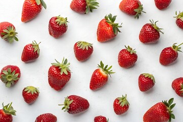 Fresh Red Strawberries Scattered on a White Background