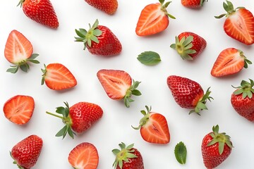 Fresh red strawberries and halves scattered on a white background.