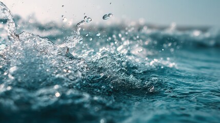 Abstract close up of sunlight reflected blue water surface Top view of splashed water background