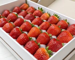 Fresh Strawberries Neatly Arranged in a White Gift Box