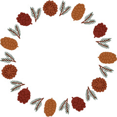 Pine Branch Cone Winter Wreath Circle Frame. Christmas season decorative round border