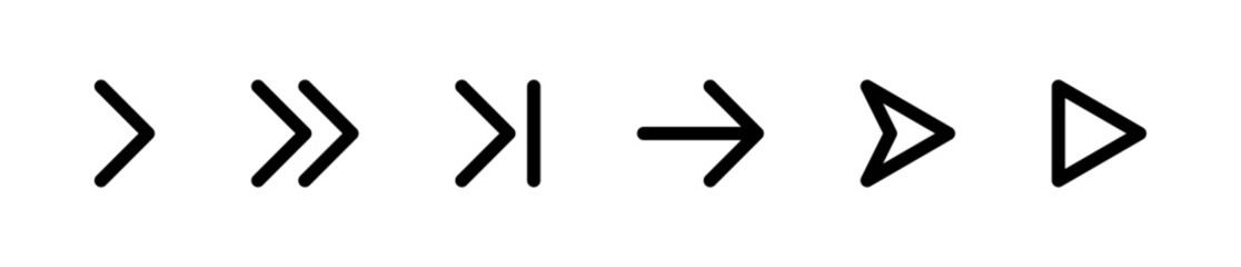 Arrow icons, Right-pointing arrow icons set, thin line navigation symbols, black arrow symbols, Navigation icons, Arrow pointer collection, vector illustration.