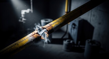 Naklejka premium Broken yellow pipe with smoke and rust. Industrial failure or accident concept. Deterioration and damage in a dark environment.