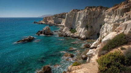 Pale rocky cliffs with scattered coastal vegetation alongside the turquoise sea
