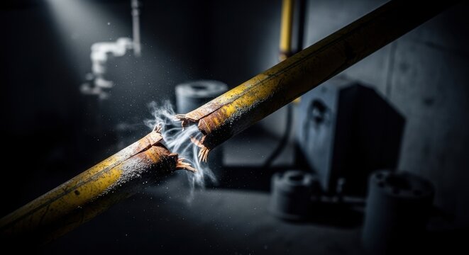 Broken yellow pipe with smoke and rust. Industrial failure or accident concept. Deterioration and damage in a dark environment.