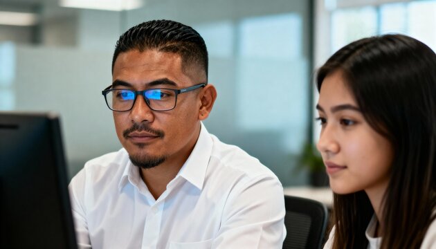 Diverse colleagues working together on a computer in a modern office. Professional man mentoring a young female employee on a project. Teamwork and collaboration concept