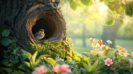 A bird is sitting in a hole in a tree