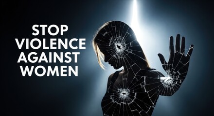 Woman silhouette with fractured body raises hand to halt violence. Broken glass appearance shows trauma and urgent need for protection. Advocates for elimination of abuse against women.