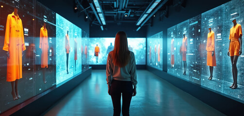Girl watches modern orange apparel at digital exhibition. Woman views garment on virtual display. Interactive showroom with eco friendly wear and tech. Future of retail fashion industry and showroom.