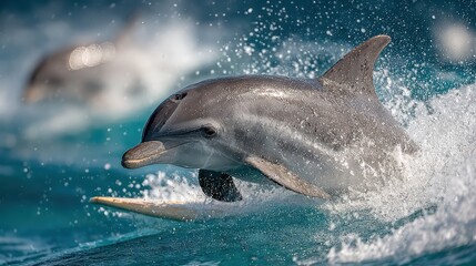 Fototapeta premium Dynamic Dolphin Surfing Ocean Wave in High-Speed Splashing Action
