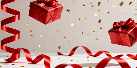 Red gift boxes and golden confetti falling on a festive background. Holiday celebration for Christmas, birthday or valentine's day. Surprise and gifting concept with copy space