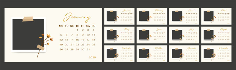 Elegant 2026 Monthly Calendar Template Photo Frames Set week starts on Monday. Yearly planner with delicate floral elements