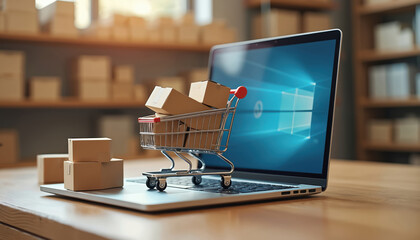 Laptop computer with miniature shopping cart filled with boxes. Nearby are parcels on desk. Shelves with goods in background suggest store or warehouse.