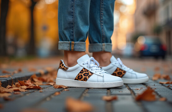 Person wears trendy white sneakers with leopard print. Modern casual footwear in street fashion style. Rolled up blue denim jeans. Autumn leaves on sidewalk. Urban style with animal pattern.