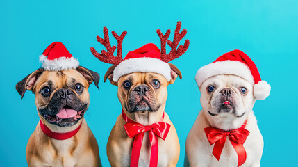Funny Christmas dogs wearing Santa hats and red bows on blue background