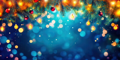 Christmas background with fir branches, lights and ornaments on blue bokeh backdrop