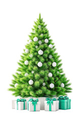 Bright green Christmas tree decorated with white baubles and snowflakes, surrounded by elegant gift boxes with turquoise ribbons