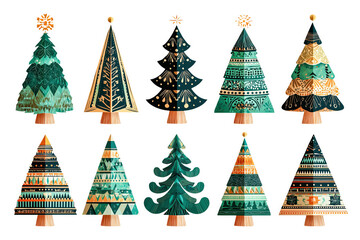 Set of decorative Christmas trees in modern geometric style