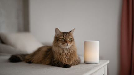 fluffy cat lounging on pristine white table surrounded by ultrabright activity indicator
