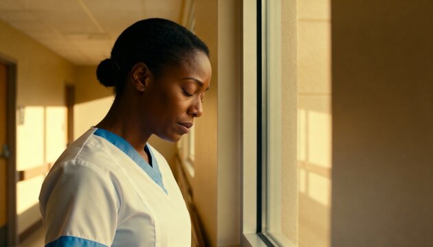 Stressed Black nurse feeling emotional in a hospital hallway. Tired female doctor experiencing burnout and exhaustion. Medical professional mental health concept