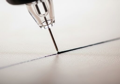 Tattoo machine needle creating an intricate line on a canvas. Detailed process of tattooing. Precision and artistry in body art.