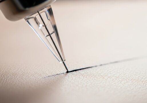 Tattoo machine needle creating an ink line on synthetic skin for training or practice. Microblading tool for permanent makeup application.