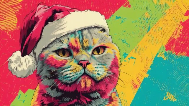 Colorful cat in santa hat on vibrant abstract background