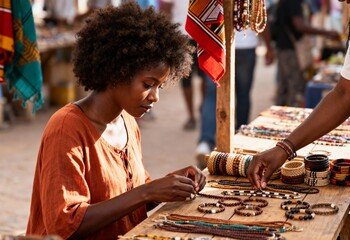 African woman choosing handmade jewelry at a traditional outdoor market. Local artisan selling beaded bracelets and crafts at a street stall. Small business and cultural tourism concept