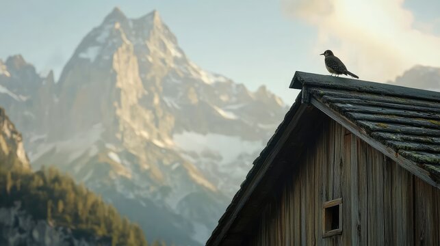 A bird is perched on the roof of a cabin