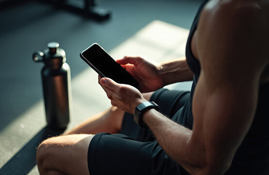 Muscular man takes break from gym workout, checks phone. Holds smartphone, wears fitness tracker, sits near water bottle, resting between sets at fitness club.