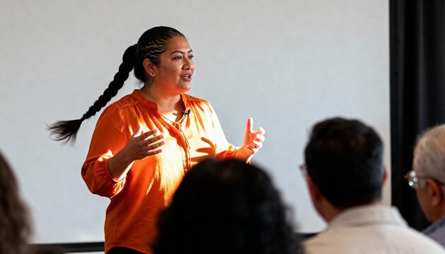 Professional woman giving a presentation at a business conference. Female speaker talking to an audience during a seminar. Leadership and education concept with copy space