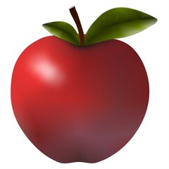 A ripe red apple with shiny skin, green leaves, and a short brown stalk is a symbol of nature, freshness, and health.