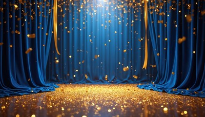 Blue velvet curtains open revealing stage covered in golden confetti. Ribbons hang down as light shines from above, creating festive atmosphere. Scene suggests celebration, achievement, grand opening