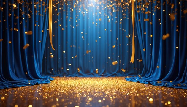 Blue velvet curtains open revealing stage covered in golden confetti. Ribbons hang down as light shines from above, creating festive atmosphere. Scene suggests celebration, achievement, grand opening
