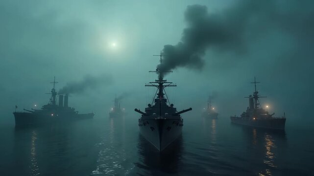 Silent ships traverse hazy ocean under overcast and ghostly sky