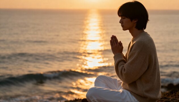 A young man meditates in a prayer pose by the ocean at sunset. Profile view during golden hour light. Mindfulness, spirituality, and wellness concept