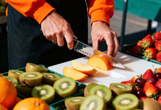 A person cutting fresh fruit at an outdoor market stall. Close-up of hands slicing a peach on a cutting board surrounded by kiwis and strawberries