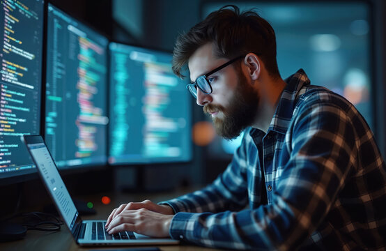Young bearded man with glasses codes on laptop. Monitors display lines of computer programming code. Focused programmer works late night in dark office.
