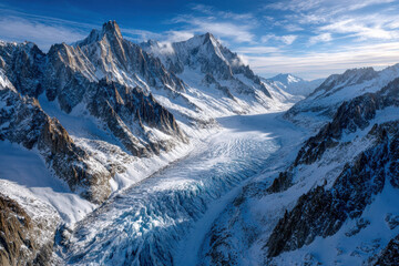 Aerial view of snowy glacier between mountains