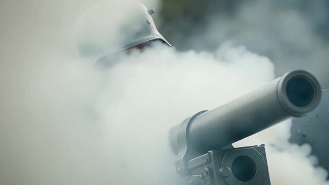Gunner amidst chaos, Weapon discharged amidst thick smoke and recoil