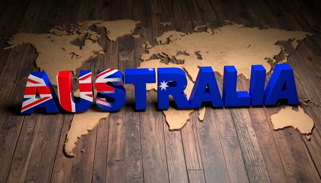 The word "AUSTRALIA" in bold letters spans a wooden world map, showcasing geography, national identity, and rustic charm. The image captures travel, culture, and classic style.