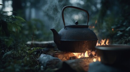 Kettle suspended over a crackling campfire in a misty forest evening