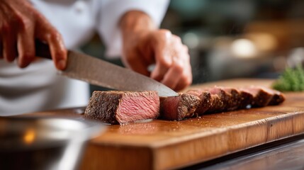 Steak being sliced on a wooden cutting board in a professional kitchen