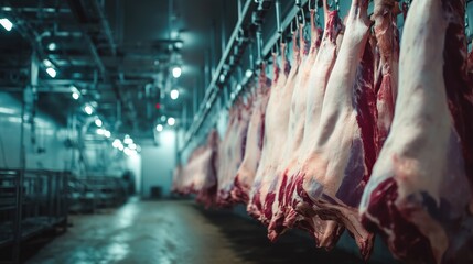 Beef carcasses hanging in a sterile industrial meat processing plant