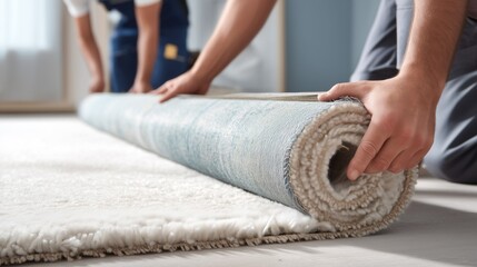 Carpet roll and installers laying plush residential carpet in a modern living room