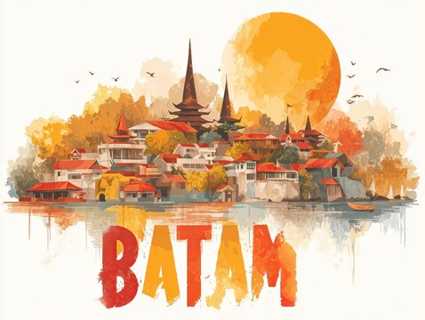 A vibrant watercolor Batam cityscape blends warm autumn hues with a glowing sun. Bold "BATAM" text adds dynamic, artistic flair to the tropical scene.